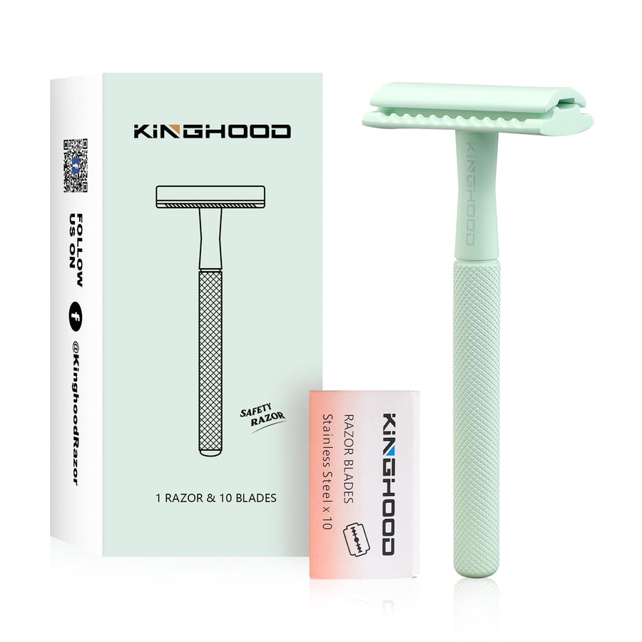 Brass Safety Razor with 10 Blades,One Blade Razor Reusable Razor Eco-Friendly Razor Long Handle & Weighted Razor,Double Edge Razor Single Blade Razor for Sensitive Skin