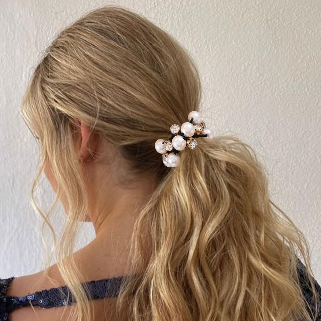 Pearl Hair Ties Black Ponytail Holders Elastic Crystal Hair Scrunchies Pearl Hair Accessories for Women and Girls (Pack of 3)