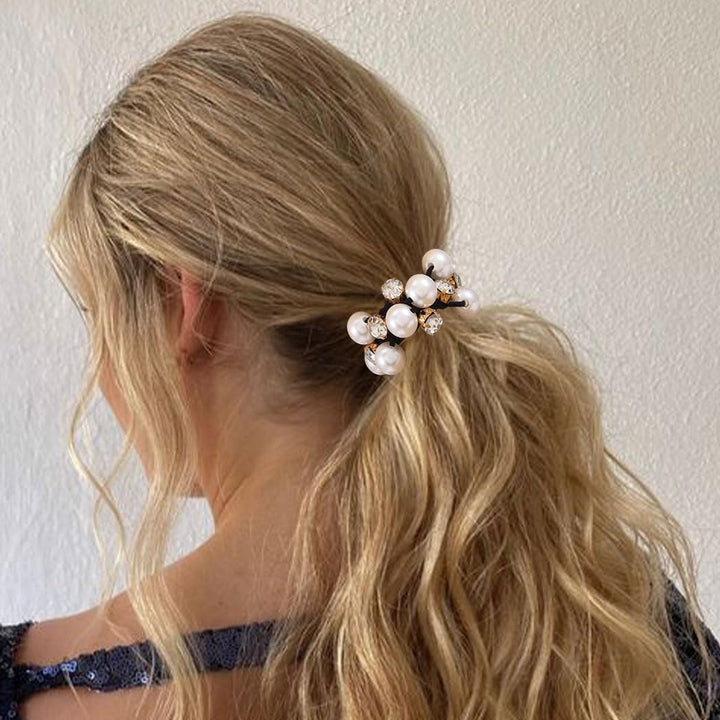Pearl Hair Ties Black Ponytail Holders Elastic Crystal Hair Scrunchies Pearl Hair Accessories for Women and Girls (Pack of 3)