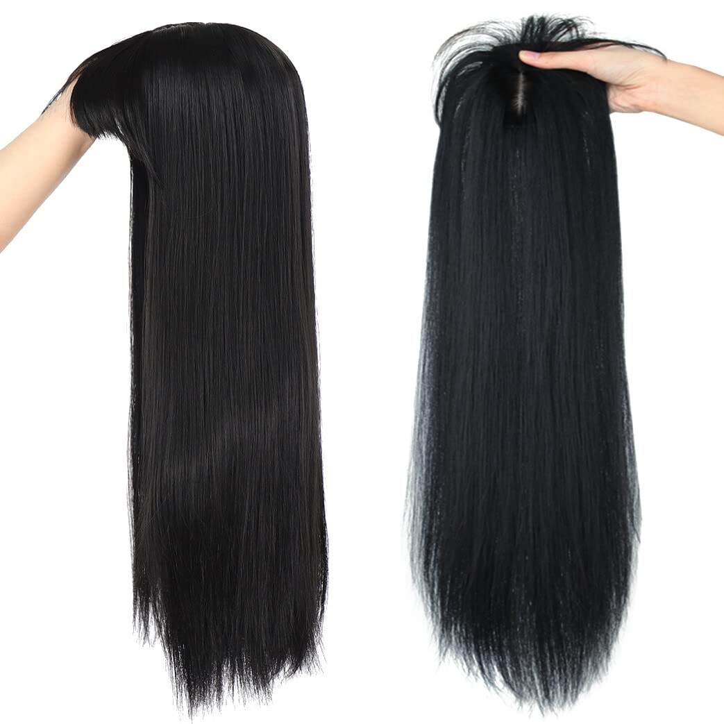 50cm Long Seamless Nature Look Clip in Hairpiece with Side-Fringe Extension Forehead Topper for Women with Thinning Hair Straight Black