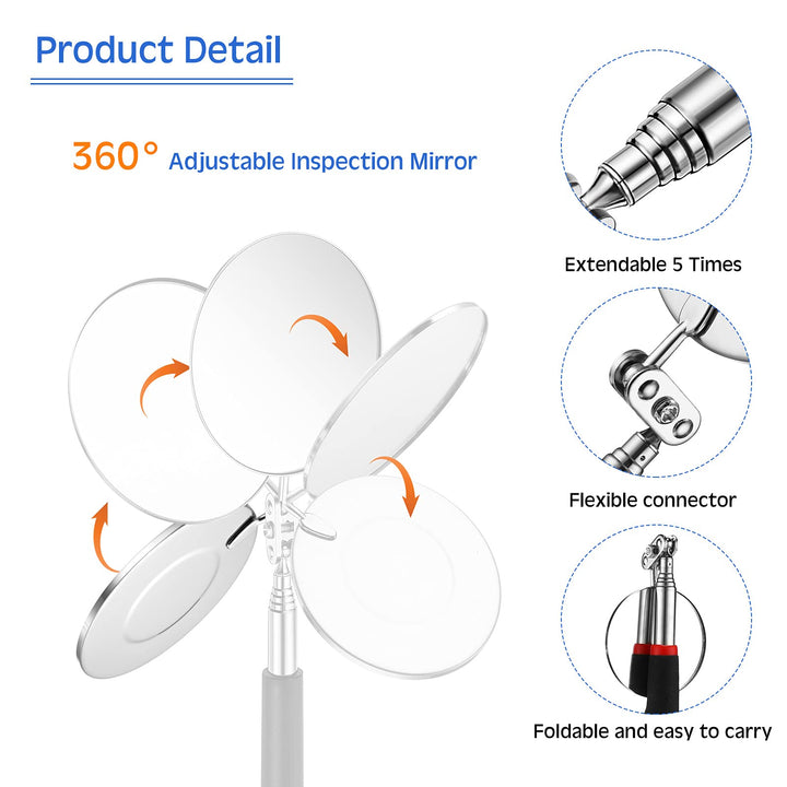 2 Pieces Lighted Telescoping Inspection Mirror Flexible Retractable LED Automotive Extension Round Dental Mirror with Light Pickup Tools Valentine Birthday Gift for Men, Husband, Father
