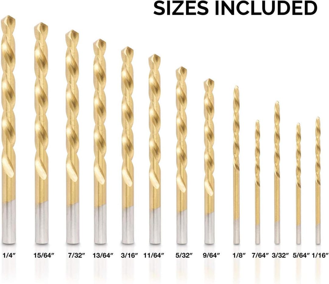 10038A Left-Hand Drill-Bit Set, High-Speed Steel Drills with Titanium Nitride Coating, Reverse-Twist Drill Bits, SAE Sizes, 13-Piece Set