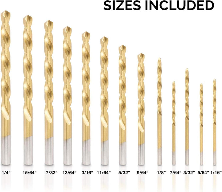 10038A Left-Hand Drill-Bit Set, High-Speed Steel Drills with Titanium Nitride Coating, Reverse-Twist Drill Bits, SAE Sizes, 13-Piece Set