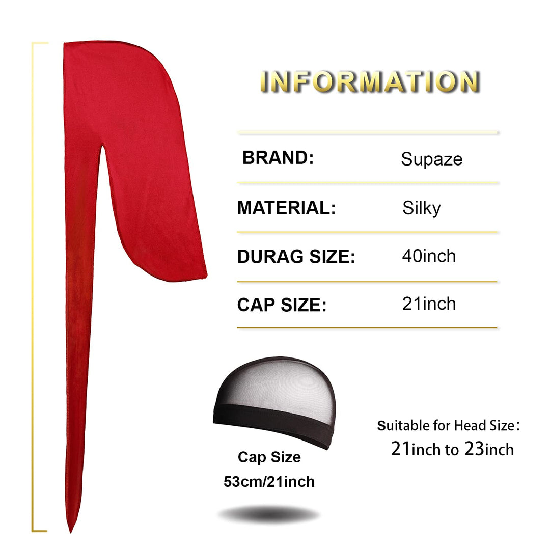 3Pcs Durag, Durags for Men Silky, Silk Durag for Men Women 360 Waves Extra Long Tail with 1 Wave Cap (Black,Red,White)