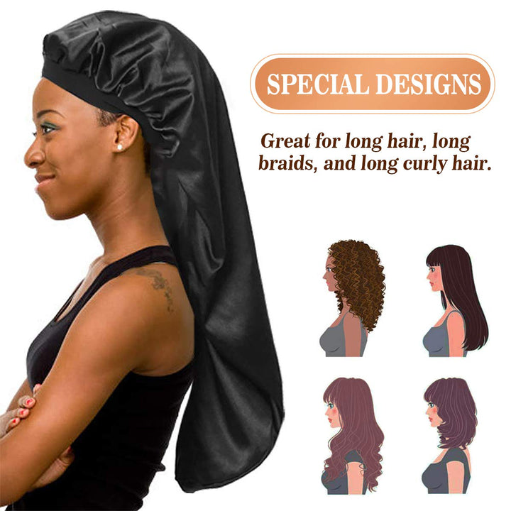 Long Satin Bonnet Sleep Cap,Black Extra Large Silk Bonnet for Natural Hair, Bonnets for Women Night Sleep,Wide Elastic Band, Very Soft & Comfortable (Leopard Print)