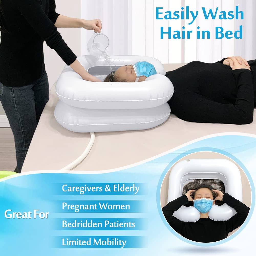 Inflatable Hair Washing Basin Portable Shampoo Bowl Hair Washing Sink for Bedridden Shampoo in Bed Inflatable Bedside Hair Wash Tub Head Washer for Disabled Handicapped - with Pump & Drain Hose
