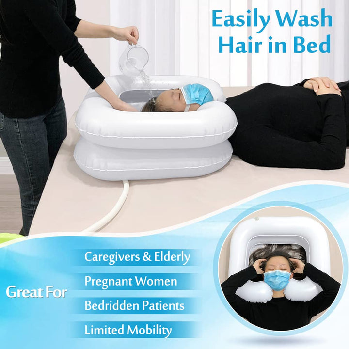 Inflatable Hair Washing Basin Portable Shampoo Bowl Hair Washing Sink for Bedridden Shampoo in Bed Inflatable Bedside Hair Wash Tub Head Washer for Disabled Handicapped - with Pump & Drain Hose
