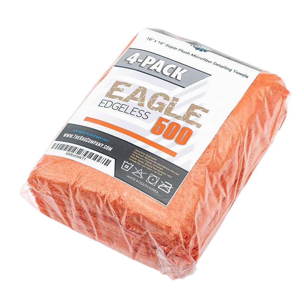 - Eagle Edgeless 500 (4-Pack) Professional Korean 70/30 Blend Super Plush Microfiber Detailing Towels, 500GSM, 16in x 16in, Orange