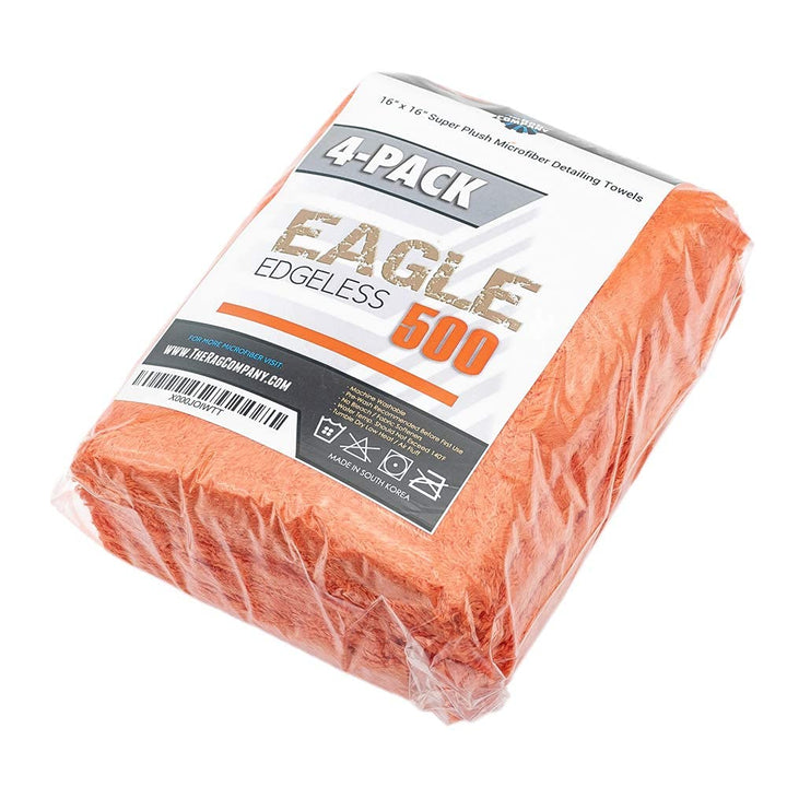 - Eagle Edgeless 500 (4-Pack) Professional Korean 70/30 Blend Super Plush Microfiber Detailing Towels, 500GSM, 16in x 16in, Orange
