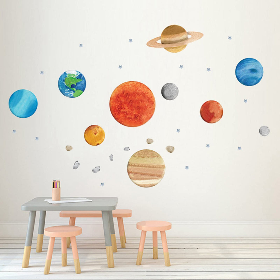 Space Planet Wall Stickers Decals, Removable Solar System Watercolor Space Vinyl Wall Stickers for Kids Nursery Bedroom Living Room
