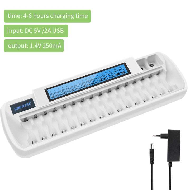 16+2 Bay Smart Rechargeable Battery Charger with LCD Display for AA AAA NiMH Batteries & Li-ion 9V Rechargeable Batteries with AC Wall Adapter (Not Fit for AA AAA Li-ion Batteries)