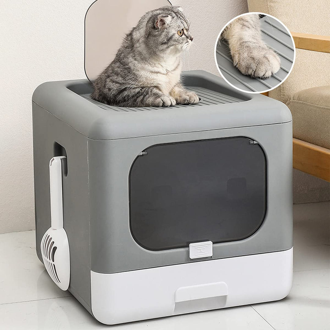 Top Entry Foldable Cat Litter Box with Lid, Plastic Scoop,Extra Large Space,Drawer Structure,Closed Smell Proof Anti-Splashing,Split Type for Easy Cleaning (New Grey)
