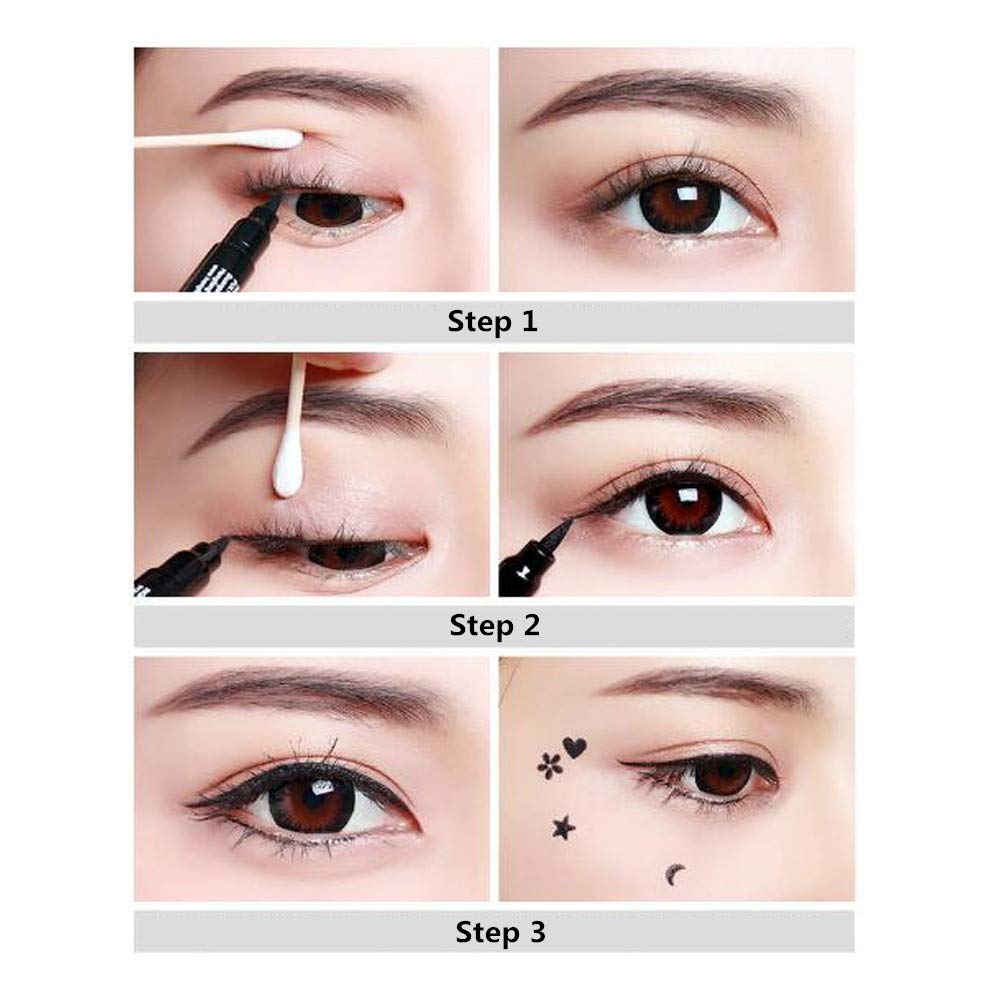 2 in 1 Double-headed Liquid Eyeliner Pen Stamp Super Slim Gel Felt Tip High Pigment Black Waterproof Smudgeproof Long Lasting Tattoo Makeup Tool(Star)