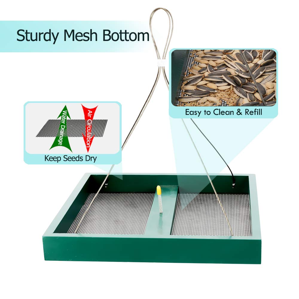 Solution4Patio Garden Platform Wild Bird Feeder for Outside, Large Hanging Mesh Tray Chipmunks/Squirrel Feeder, Maximum Bird Viewing, Large Capacity, Easy to Clean & Refill, B116A00