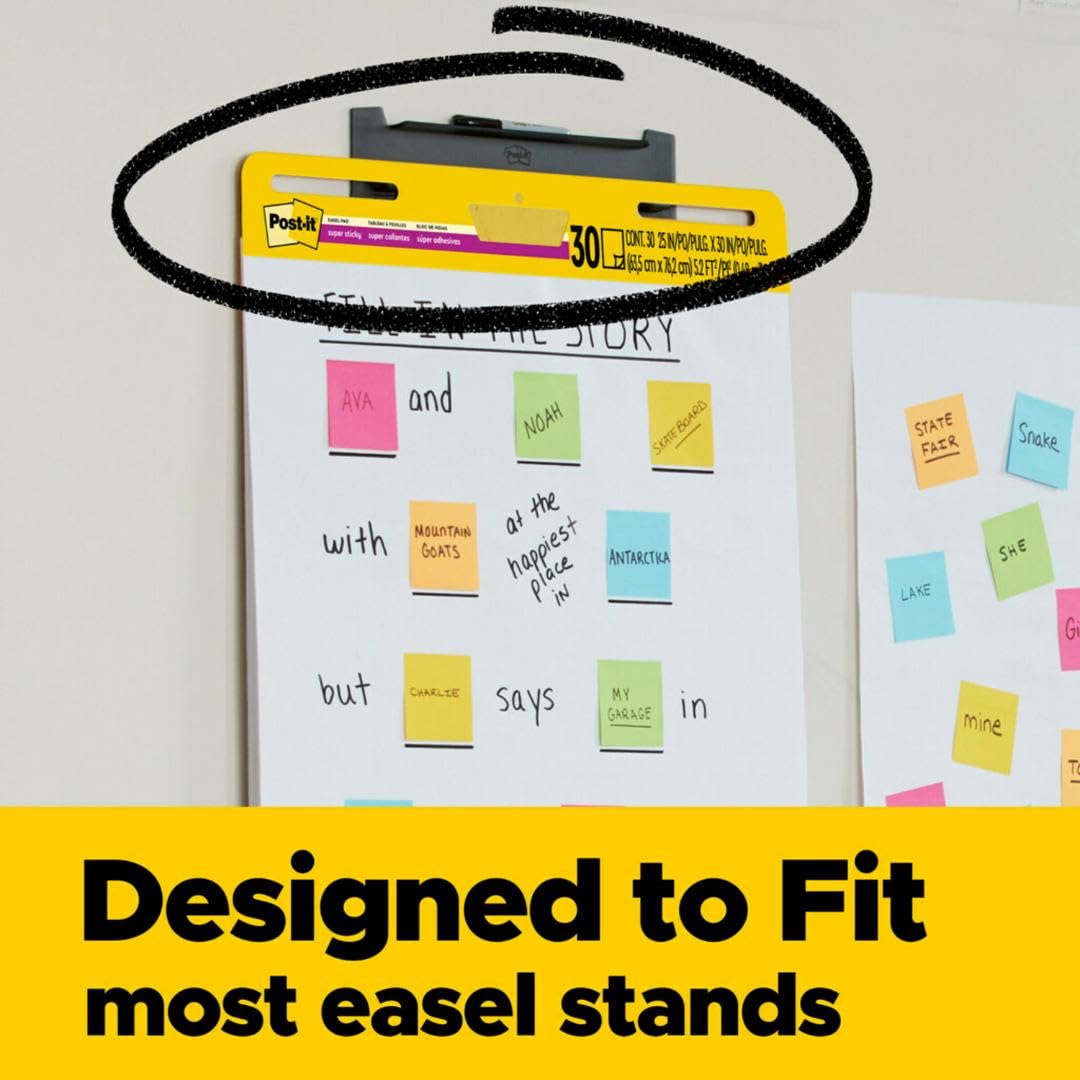 Super Sticky Easel Pad, 25 in x 30 in, White, 30 Sheets/Pad, 2 Pad/Pack, Large White Premium Self Stick Flip Chart Paper, Super Sticking Power (559)