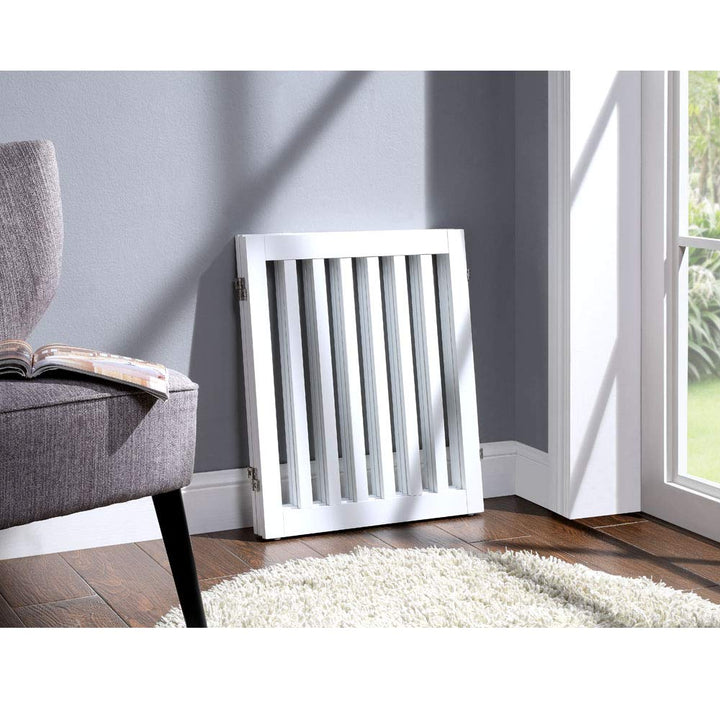 24”H Free Standing Pet Gate for Dog Cat, Wooden Dog Gates for Doorway, Stairs, Step Over Foldable Pet Fence for The House, Expandable Dog Barrier, Indoor Use, White