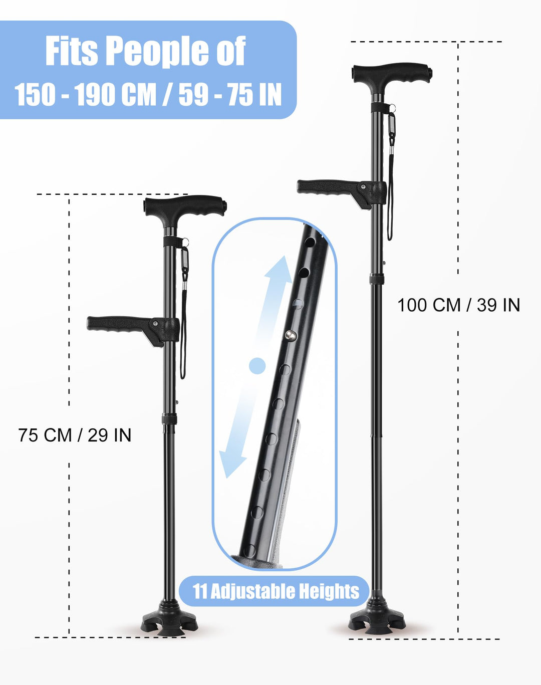 Folding Walking Cane with LED Light for Men and Women, 11 Heights Adjustable, Collapsible Elderly Walking Stick with Side Handle, Black
