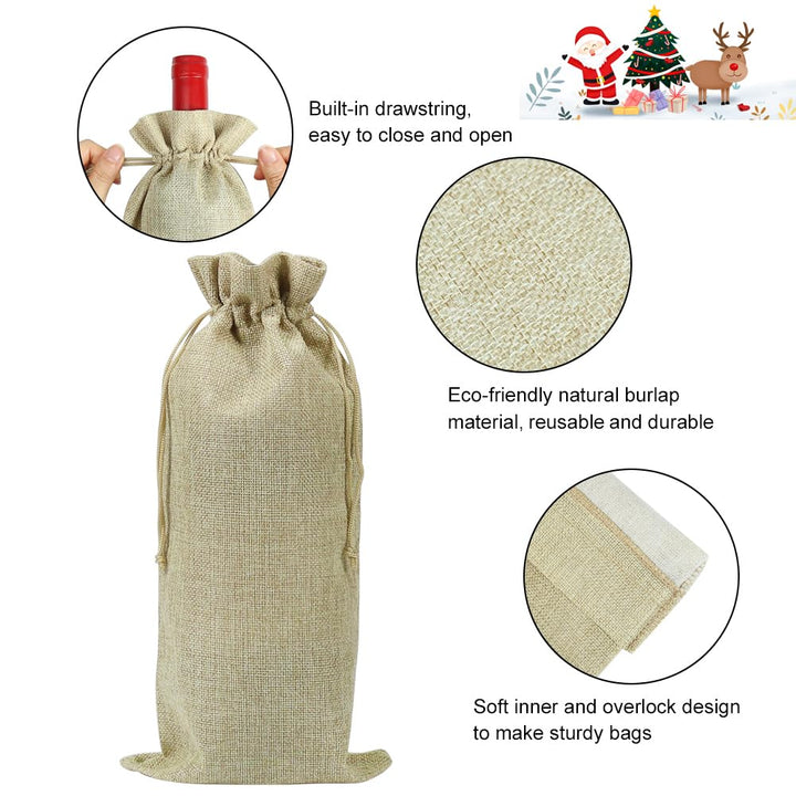 10pcs Jute Wine Bags, 14 x 6 1/4 inches Hessian Wine Bottle Gift Bags with Drawstring (Brown)