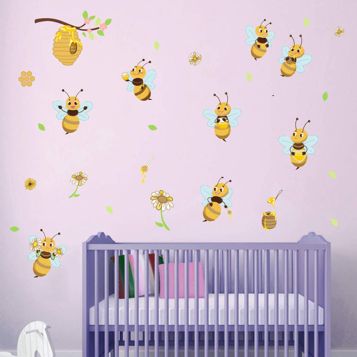 Wall Stickers Yellow Bee Wall Sticker Flowers Beehive Branch for Children's Room Living Room