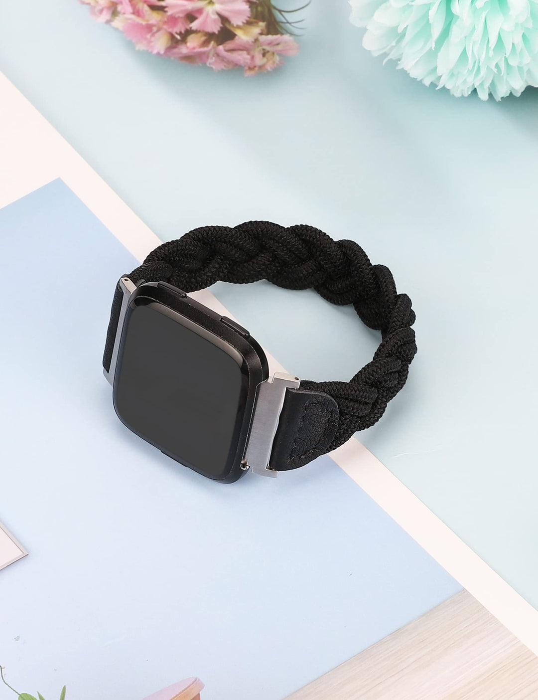Compatible with Fitbit Versa 2/Versa/Versa Lite Bands for Women, Cute Elastic Braided Wristband Strap Stretchy Loop Bracelet Accessories for Fitbit Versa 2 Smart Watch (Black, S)
