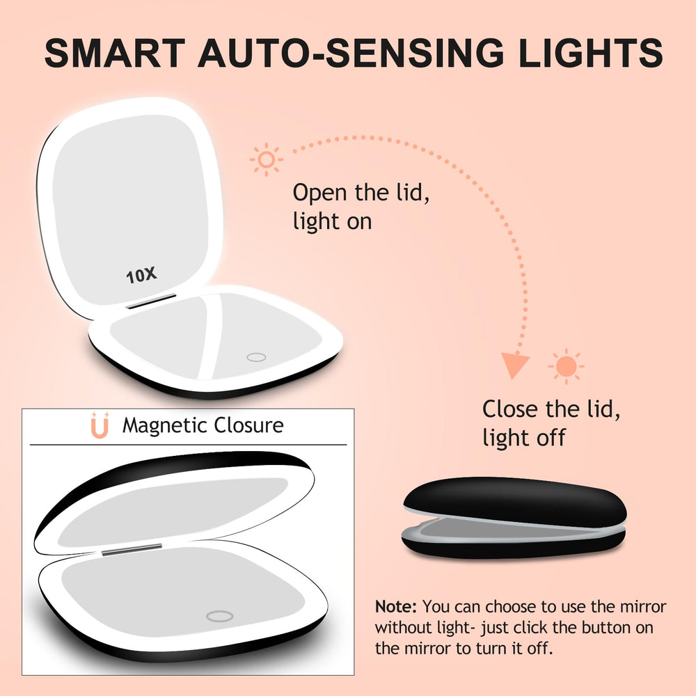 Compact Mirror with Light, Lighted Travel Makeup Mirror 1x/10x Magnifying- 56 LED Lights, Touch Sensor, 3 Colors & Brightness Dimmable- Magnetic Closure, Rechargeable (Black)
