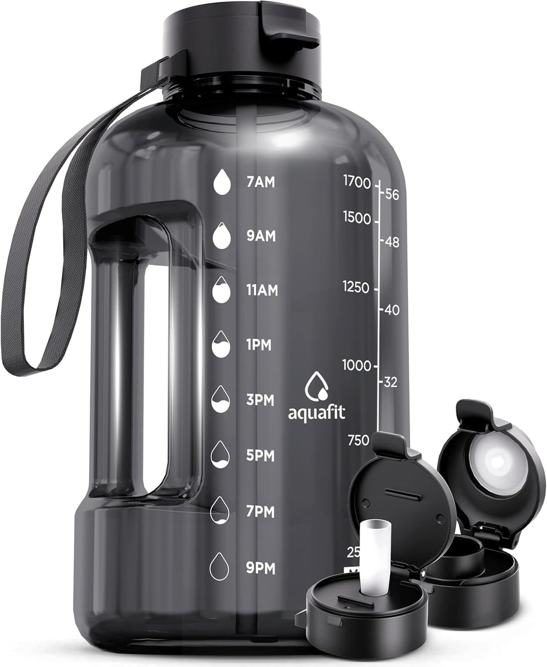 64 oz Water Bottle with Time Marker - Straw & Chug Lid - BPA Free Half Gallon Water Bottle, Big Water Bottle with Straw, Gym Water Bottle with Handle, Gallon Water Jug (Gray, 64 Ounces)