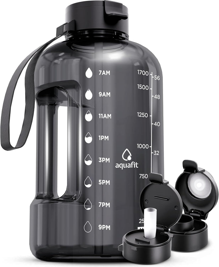 64 oz Water Bottle with Time Marker - Straw & Chug Lid - BPA Free Half Gallon Water Bottle, Big Water Bottle with Straw, Gym Water Bottle with Handle, Gallon Water Jug (Gray, 64 Ounces)