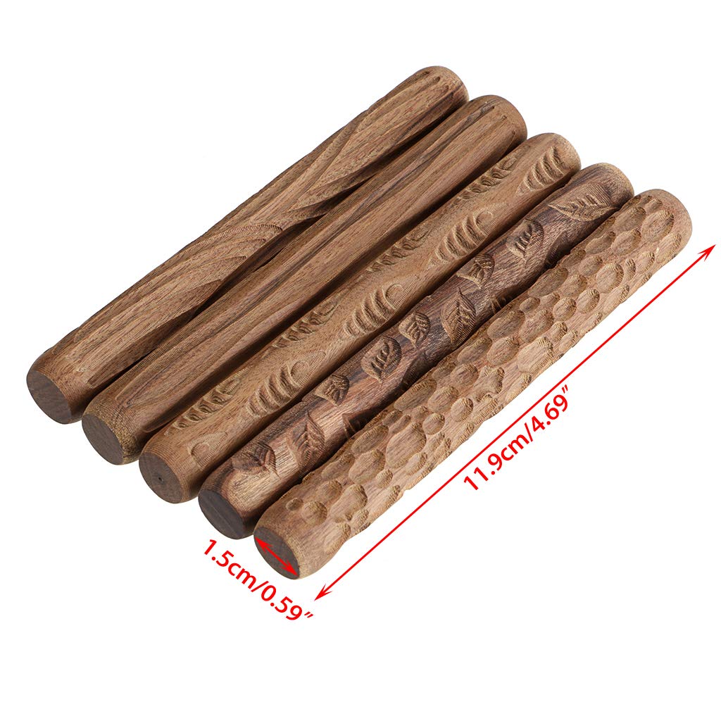 Set of 5 Clay Modeling Pattern Rollers Kit, Fish Leaves Cobblestone Ripple Wood Grain Pattern 4.7 in Clay Rolling Pin Textured Hand Roller Wooden Handle Pottery Tools Set