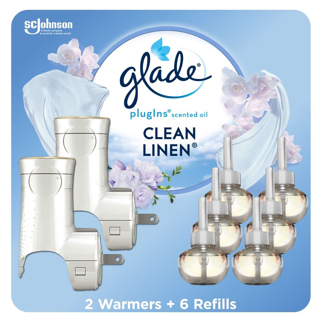 PlugIns Air Freshener Starter Kit, Scented and Essential Oils for Home and Bathroom, Clean Linen, 4.02 Fl Oz, 2 Warmers and 6 Refills (Packaging May Vary)