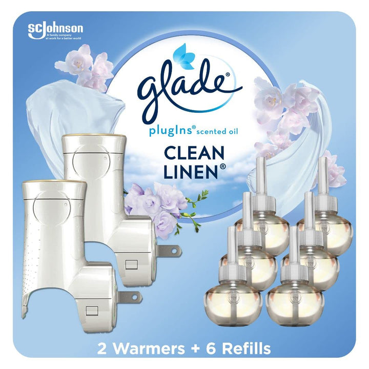 PlugIns Air Freshener Starter Kit, Scented and Essential Oils for Home and Bathroom, Clean Linen, 4.02 Fl Oz, 2 Warmers and 6 Refills (Packaging May Vary)