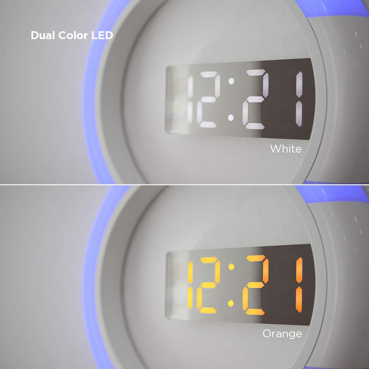 Moodlight Dual Mirror Clock, 7 Color nightlight, 2 LED Colors (White/Orange), Adjustable LED Brightness, 12/24H Mode, Temperature Display, Alarm & Snooze, LED Clock with Remote Control