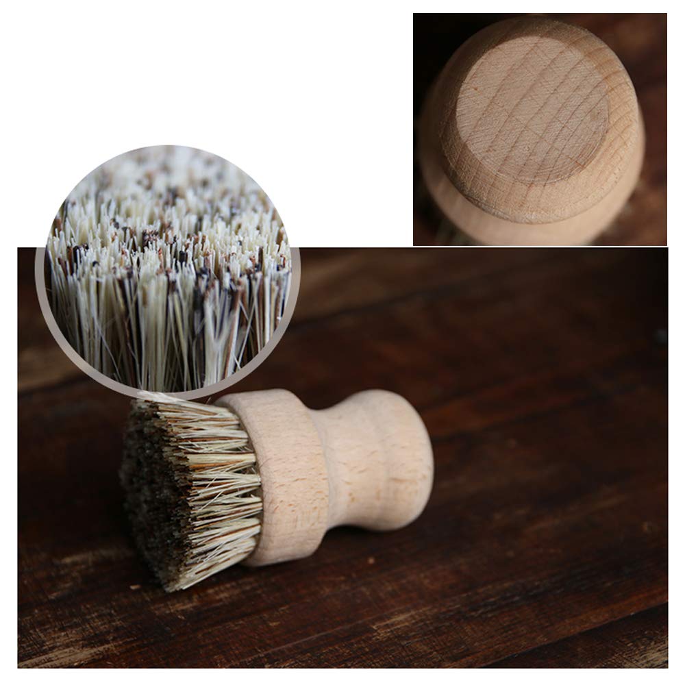 Set of 2 Packs Natural Fiber Pot Brush and 2 Packs of Plastic Grill Pot Scraper, Durable Untreated Beechwood Handle with Heat Resistant Union Fiber Head