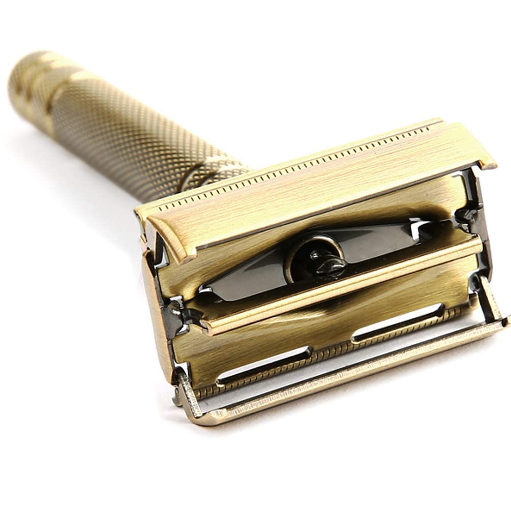 Double Edge Safety Razors,Classic Men Shaving Butterfly Open Razor - Bronze Long Handle Women Razors With 5 Blades,Reusable Metal Brass Manual Shaver Close Comb