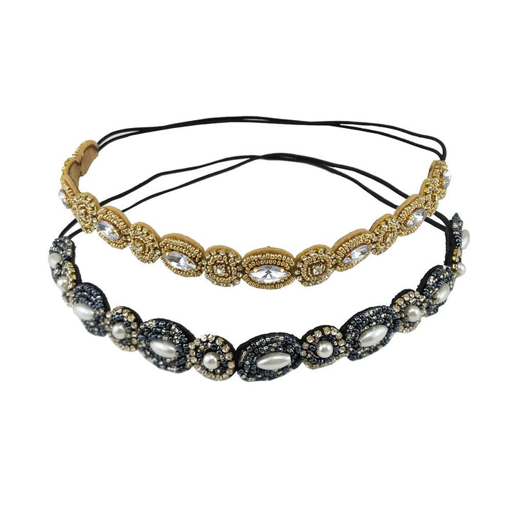 Navy blue + Gold : Pack of 2 Handmade Crystal Rhinestone Beads Elastic Headband Hair Band Women Hair Accessories (Navy blue + Gold)