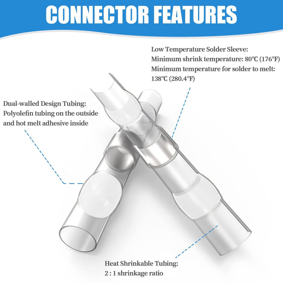 200PCS White Solder Seal Wire Connectors, 26-24 AWG Self Soldering Heat Shrink Wire Connectors Marine Grade Waterproof Insulated Electrical Butt Splice Wire Terminals for Automotive Boat Truck