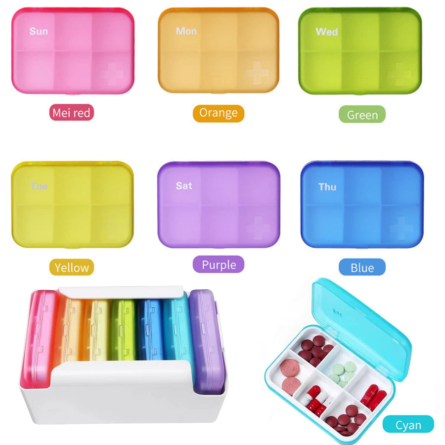 7 Piece Set Pill Organizer 6 Times a Day, Weekly Daily Travel Medicine Organizer Portable 7 Day 42 Compartments Pill Box with Moisture-Proof Pill Case Travel Pill Container for Vitamins,Supplements
