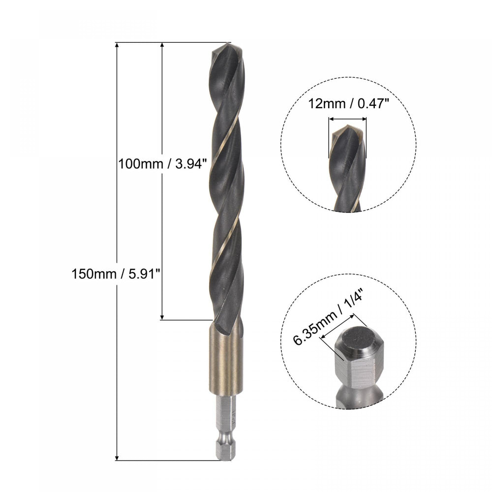 High Speed Steel Hex Shank Twist Drill Bit, 12mm Drilling Dia with 1/4 Inch Hex Shank 150mm Length
