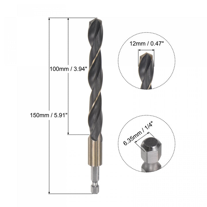 High Speed Steel Hex Shank Twist Drill Bit, 12mm Drilling Dia with 1/4 Inch Hex Shank 150mm Length