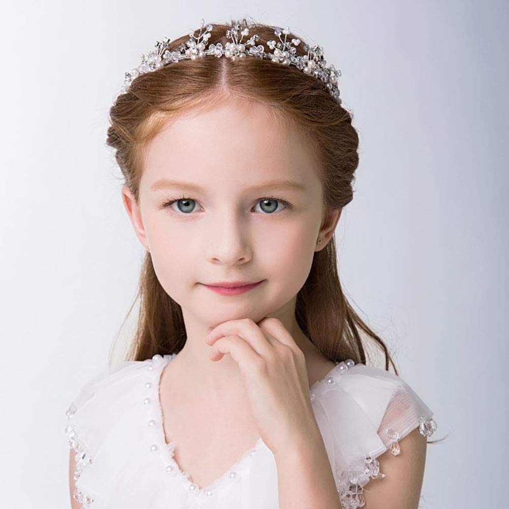 Flower Girl Hair Accessory, Pearl Headband Princess Wedding Headpiece Crystal Headwear for Wedding Tiara Hair Pieces Baby Girl-Suitable for Shows, Children' Day(White)