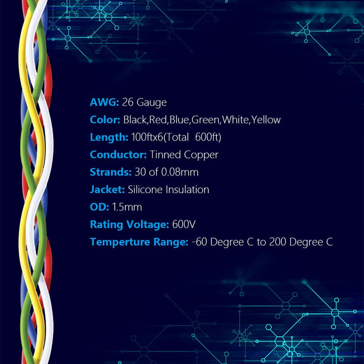 26 AWG Stranded Wire Spool 100ft Each 6 Colors Flexible 26 Gauge Silicone Hook up Wire Kit Electrical Tinned Copper Wire