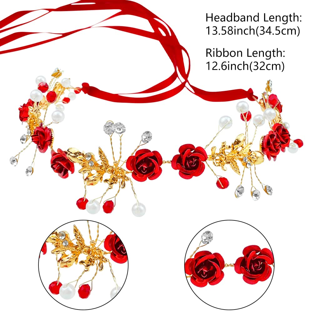 2 Pcs Red Flower Crown Headband Rhinestone Pearl Tiara Red Rose Bride Crown Crystal Red Headband Wedding Headpiece Hair Jewelry for Women