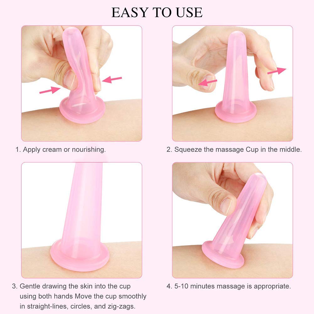 4Pcs/ Set (2 Large &2 Small) Natural Silicone Massage Cup, Suitable for Body, Face, Neck, Back, Eye Massage, Vacuum Tank, Perfect for Body and Facial Care, Anti-aging Beauty Tool (Pink)