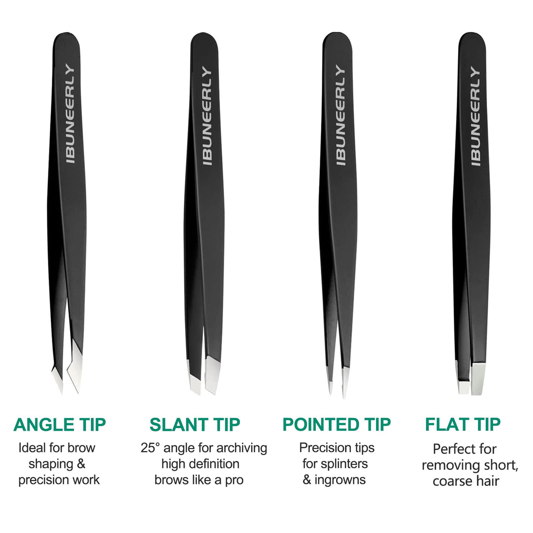 Tweezers Set, 4Pcs Tweezers for Women with Travel Case, Professional Stainless Steel Eyebrows Tweezers, Great Precision Tweezers for Ingrown Hair, Facial Hair, Splinter Removal (Black)