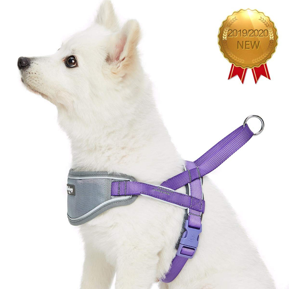 8 Colors Soft & Comfy 3M Reflective Strips Padded Dog Harness Vest, Chest Girth 30 - 38.5, Purple, Large, Nylon Adjustable Training Harnesses for Dogs