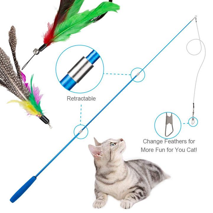 Cat Toys Feather Toy, 2PCS Retractable Wand and 10PCS Replacement Teaser with Bell Refills, Interactive Catcher and Funny Exercise for Kitten.