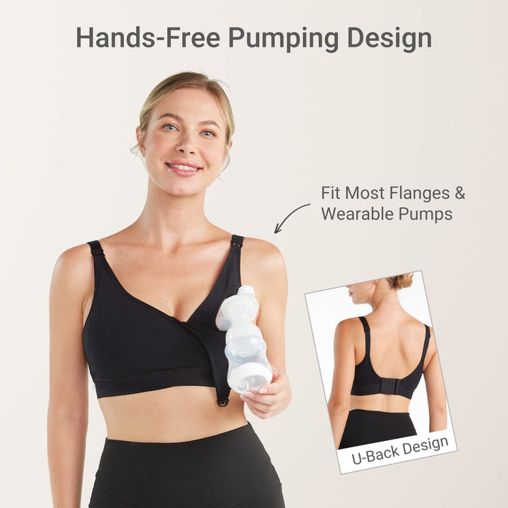 Hands Free Pumping Bra with Nursing Pads, For Spectra, Lansinoh, Philips Avent Pumps - Black, Large