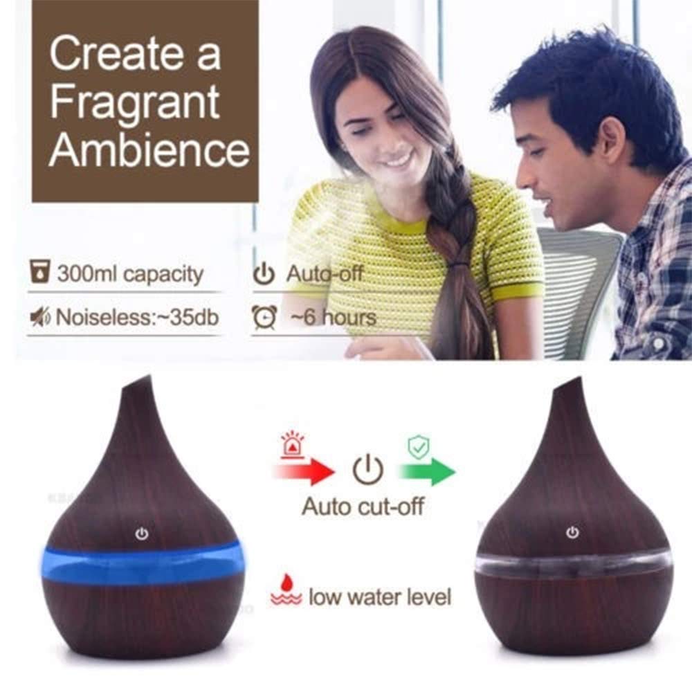 USB Aroma Essential Oil Diffuser 300ml Ultrasonic Humidifier with Electric Wood Grain LED Lights Aroma Diffuser for Home,Darkwoodgrain