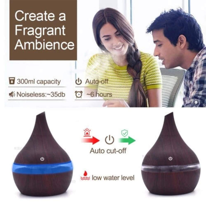 USB Aroma Essential Oil Diffuser 300ml Ultrasonic Humidifier with Electric Wood Grain LED Lights Aroma Diffuser for Home,Darkwoodgrain
