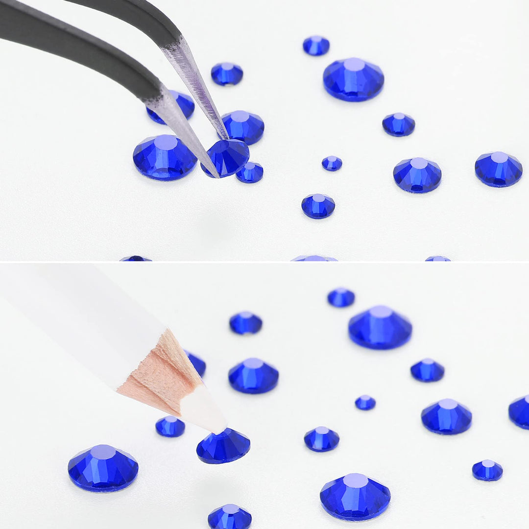 Beadsland 2500pcs Blue Rhinestones, Flatback Gems Round Crystal Rhinestones for Crafts Mixed 8 Sizes SS4~SS30 with Picking Tweezer and Pen (Sapphire)