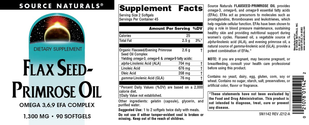 Flax Seed-Primrose Oil, Omega 3,6,9 EFA Complex, 1300mg - 90 Softgels